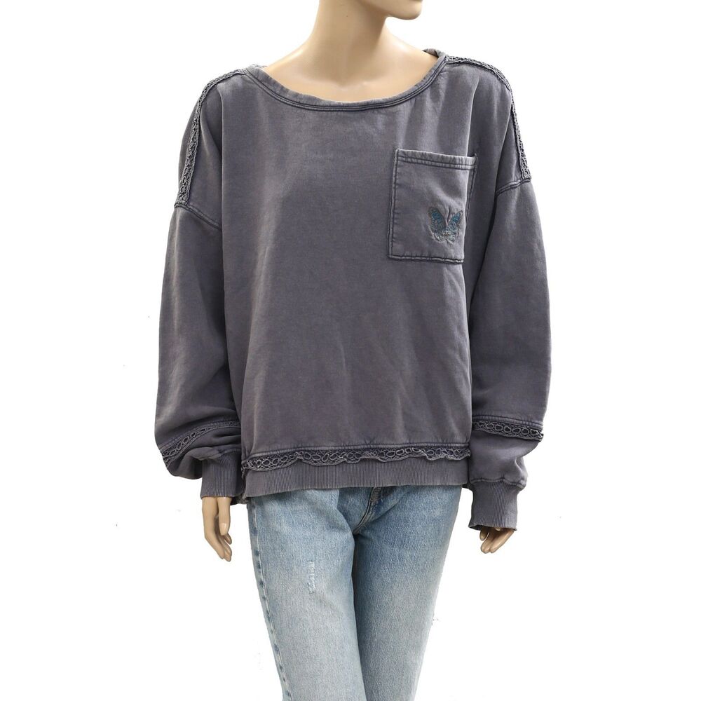 Free People Golden Hour Sweatshirt Top Eyelet Embroidered Oversized L New 284124 - Picture 4 of 7